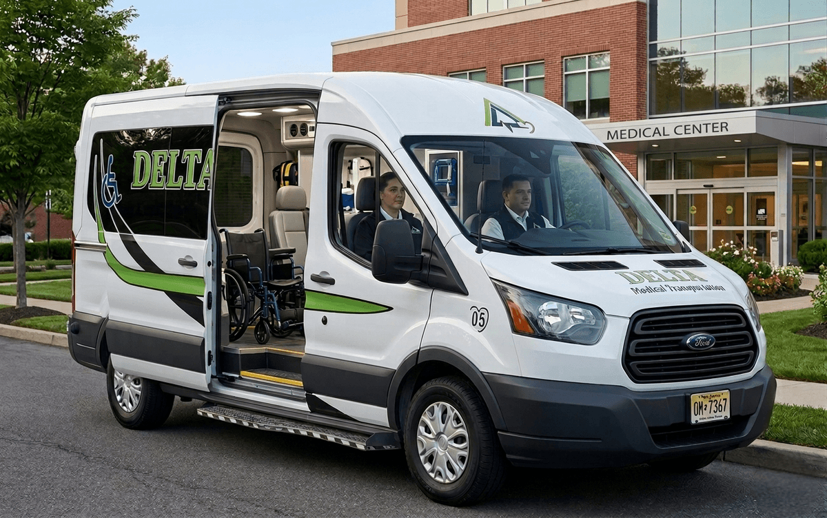 Delta Medical Transportation wheelchair-accessible van at a New Jersey medical center